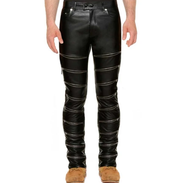 Zippered Front Pure Black Leather Skinny Pants for Men