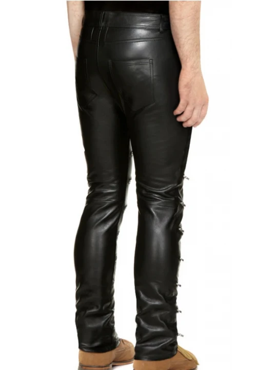 Zippered Front Pure Black Leather Skinny Pants for Men