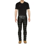 Zippered Front Pure Black Leather Skinny Pants for Men