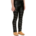 Zippered Front Pure Black Leather Skinny Pants for Men