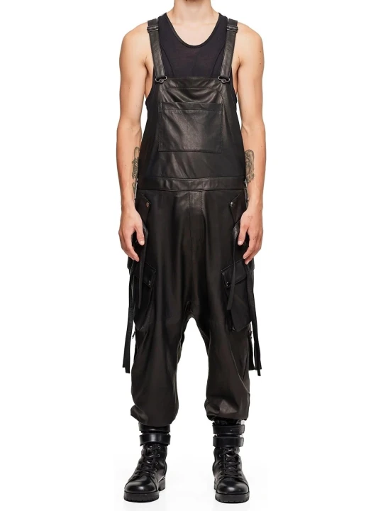 Cargo Black Leather Rompers Dungaree