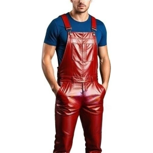 Comfortable Fit Red Leather Rompers Dungaree