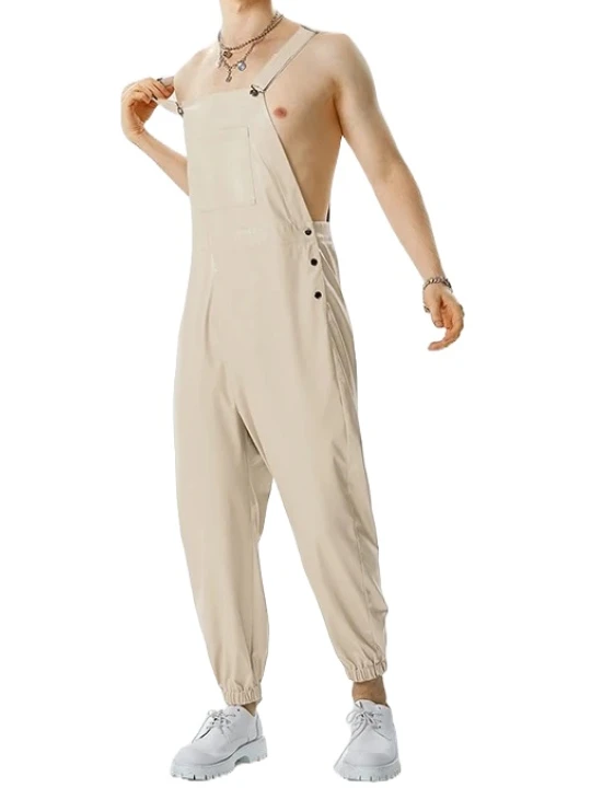 Elastic Hem Beige Leather Rompers Dungaree