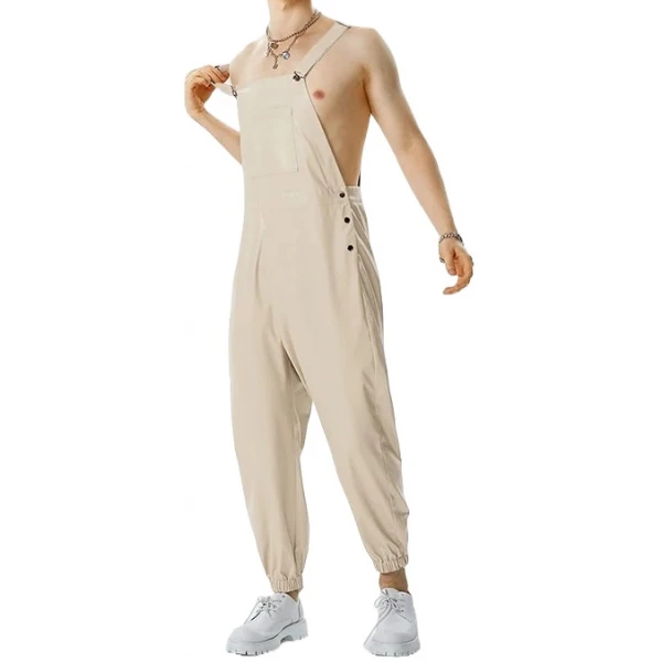 Elastic Hem Beige Leather Rompers Dungaree