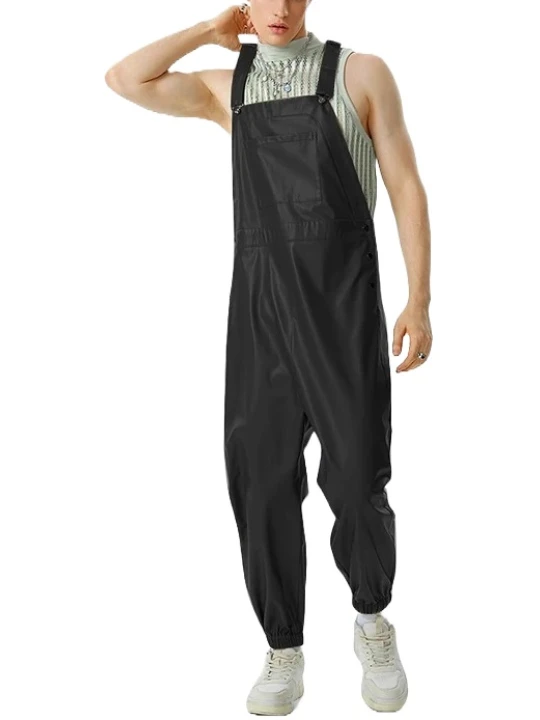 Elastic Hem Black Leather Rompers Dungaree
