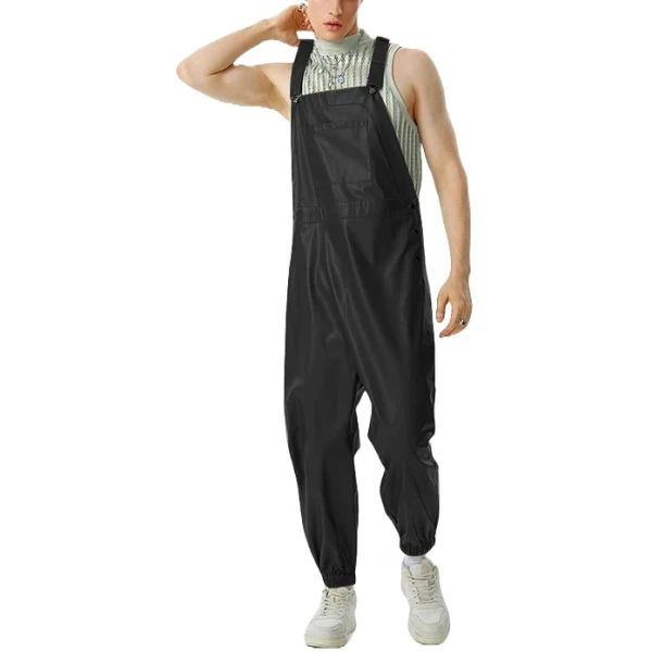 Elastic Hem Black Leather Rompers Dungaree