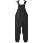 Elastic Hem Black Leather Rompers Dungaree