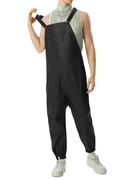 Elastic Hem Black Leather Rompers Dungaree