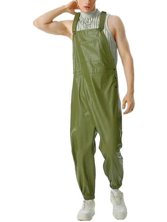 Elastic Hem Green Leather Rompers Dungaree