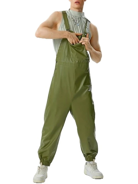 Elastic Hem Green Leather Rompers Dungaree