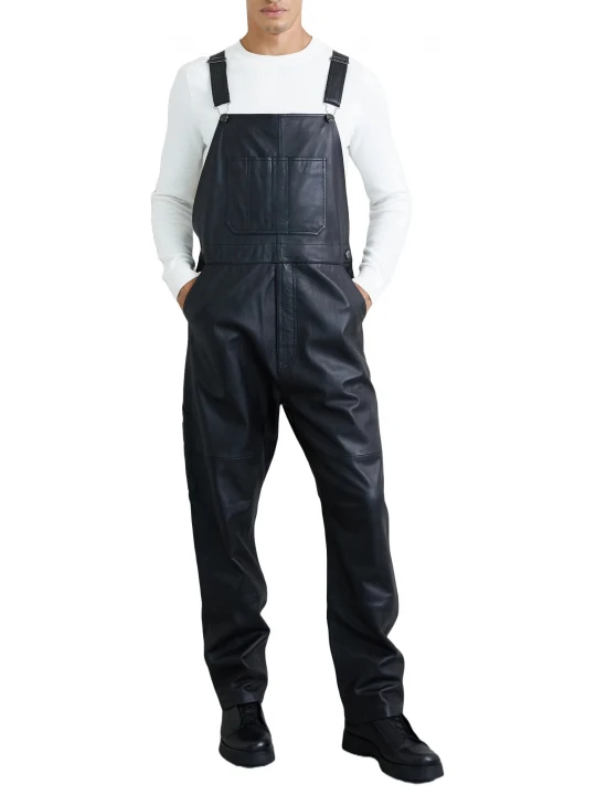Loose Fit Black Leather Rompers Dungaree