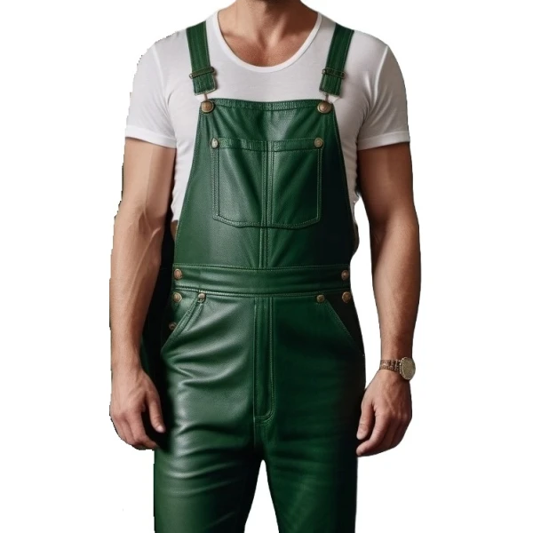 Sleeveless Green Leather Rompers Dungaree