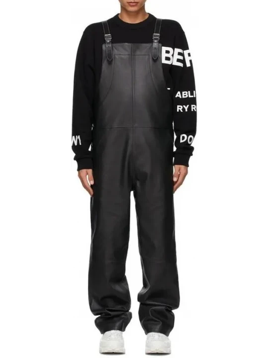 Wide Leg Black Leather Rompers Dungaree