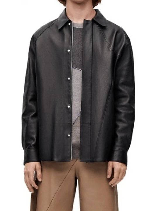 Asymmetric Stiching Lines Black Leather Shirts