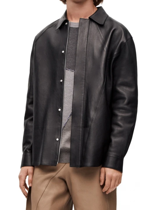 Asymmetric Stiching Lines Black Leather Shirts
