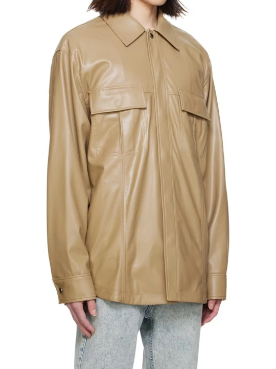 Beige Leather Paneled Shirt