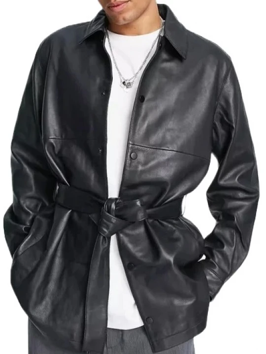 Belted Leather Shirt In Black