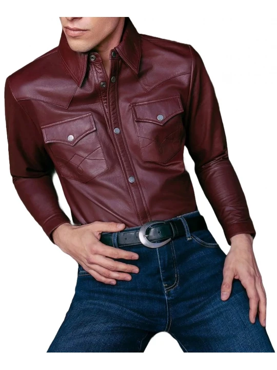 Burgundy Leather Western Style Shirt
