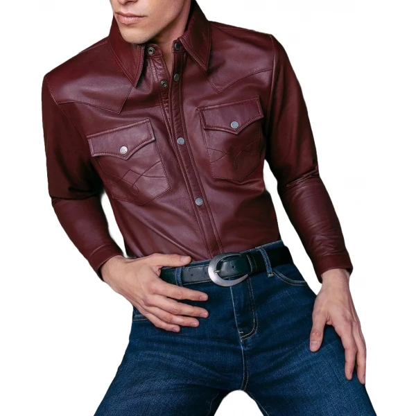 Burgundy Leather Western Style Shirt