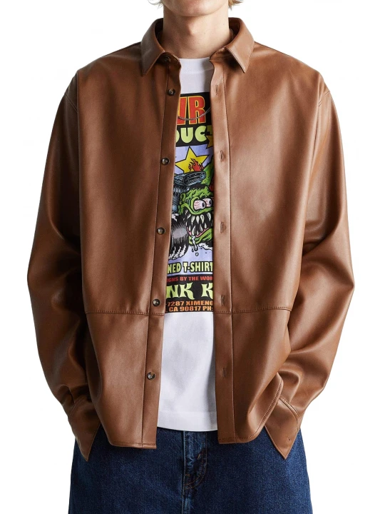 Button Closure Brown Leather Shirt