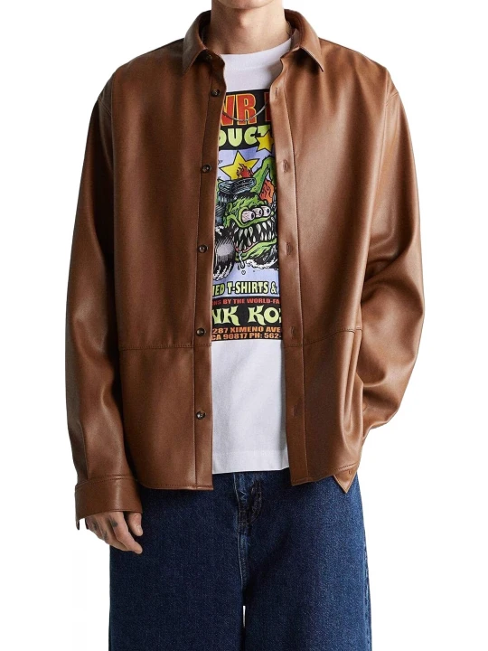 Button Closure Brown Leather Shirt