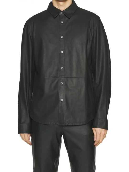 Button Cuffs Black Shirt In Leather