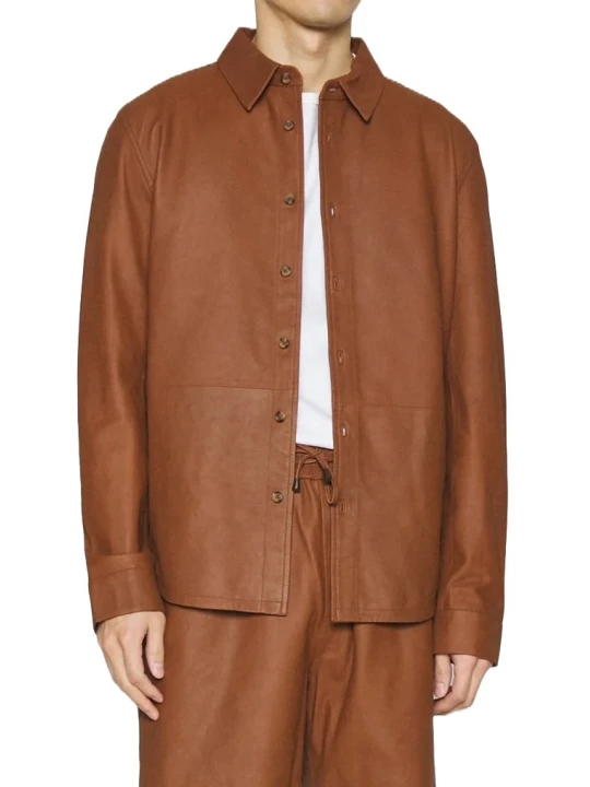 Button Cuffs Brown Shirt In Leather