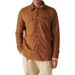 Buttoned Front Camel Suede Leather Shirt