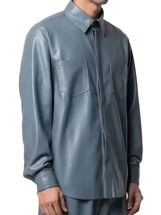 Concealed Buttons Grey Leather Shirt