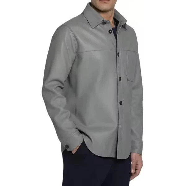 Contrast Buttons Grey Leather Shirts