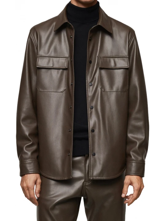 Flap Pockets Brown Leather Shirts