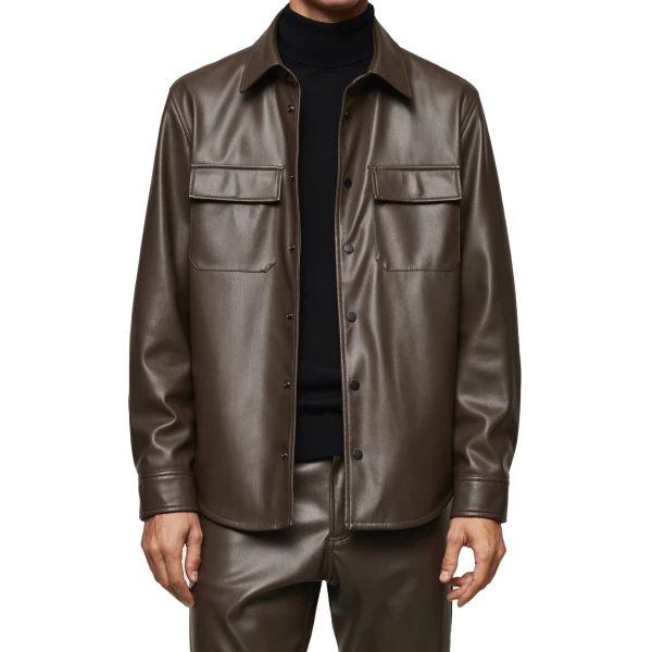 Flap Pockets Brown Leather Shirts