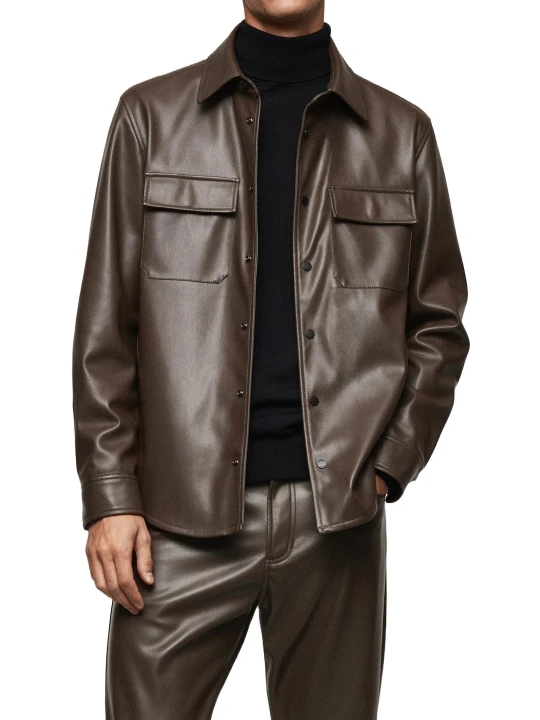 Flap Pockets Brown Leather Shirts
