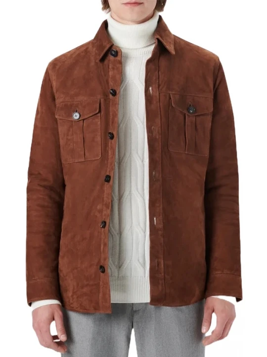 Four Pockets Brown Suede Leather Shirt