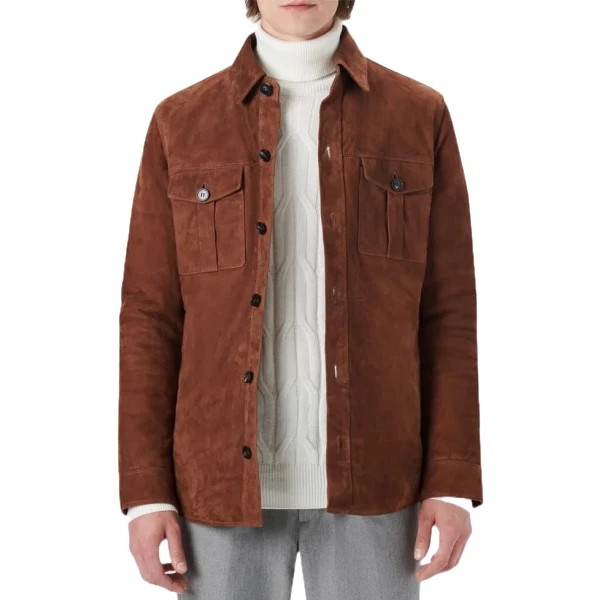 Four Pockets Brown Suede Leather Shirt
