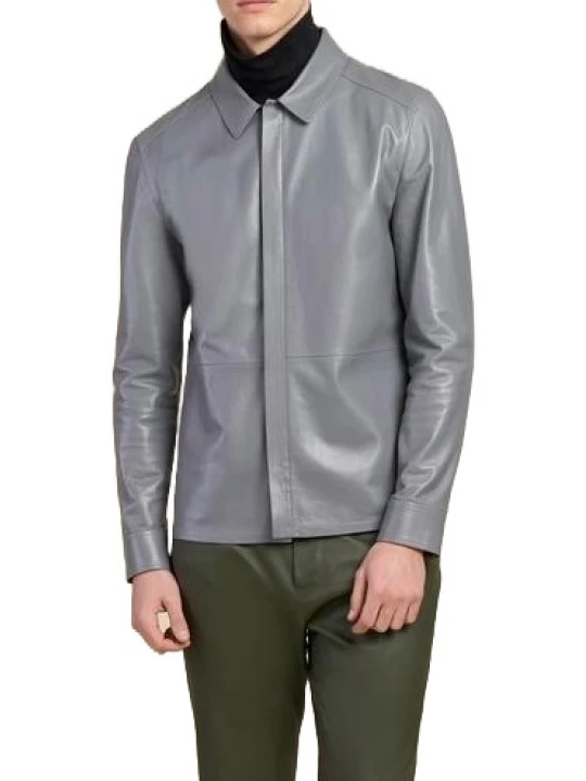 Grey Leather Concealed Buttons Shirt