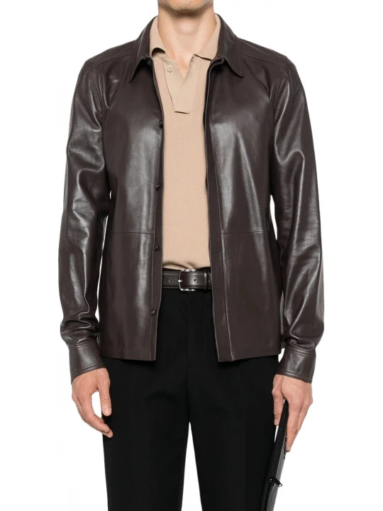 Hidden Buttons Brown Leather Shirt