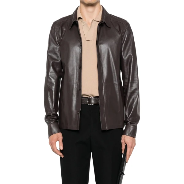 Hidden Buttons Brown Leather Shirt
