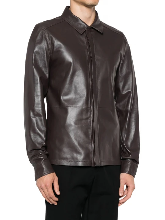 Hidden Buttons Brown Leather Shirt