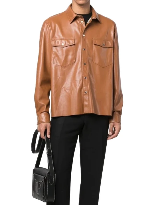 Long Sleeves Brown Leather Shirt
