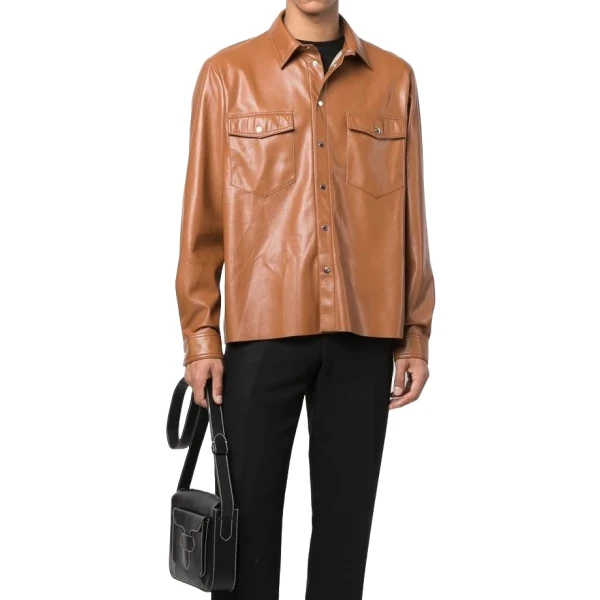 Long Sleeves Brown Leather Shirt