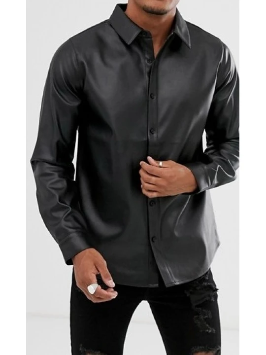 Mens Awesome Look Real Sheepskin Black Leather Shirt