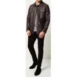 Mens Cool Fashion Real Sheepskin Black Leather Shirt