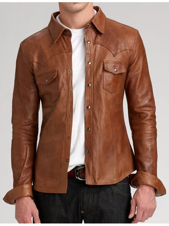 Mens High Quality Real Sheepskin Brown Leather Shirt