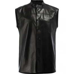 Mens Unique Style Sleeveless Real Sheepskin Black Leather Shirt