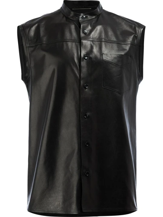 Mens Unique Style Sleeveless Real Sheepskin Black Leather Shirt