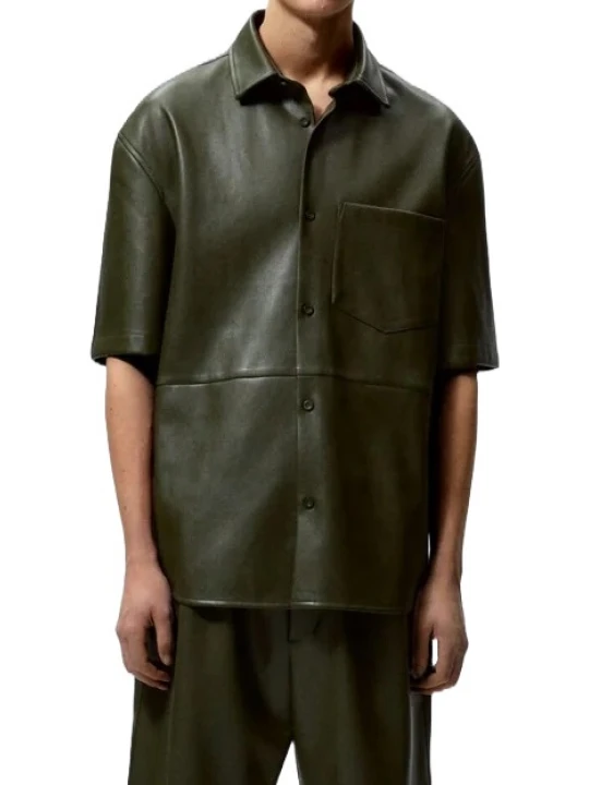 Olive Green Short Sleeves Leather Shirt
