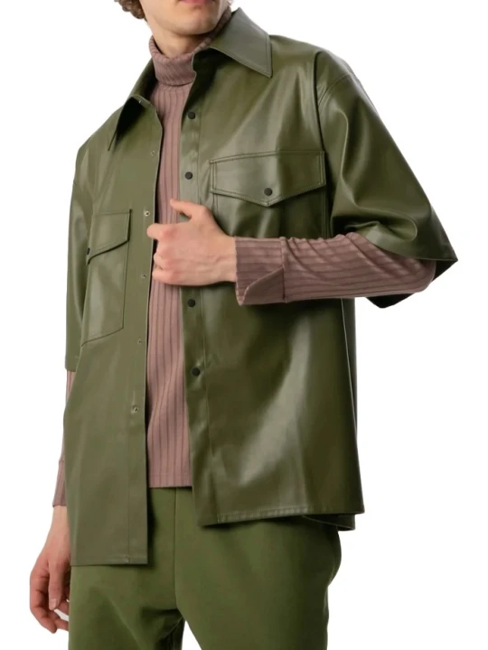 Shirt Olive Green Leather Short Sleeves