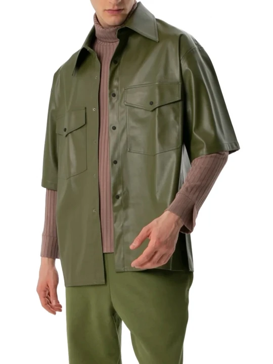 Shirt Olive Green Leather Short Sleeves
