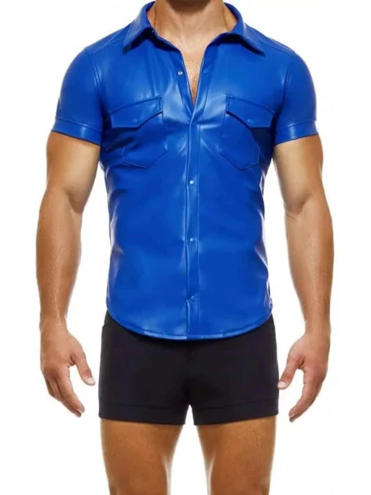 Short Sleeve Blue Leather Shirts
